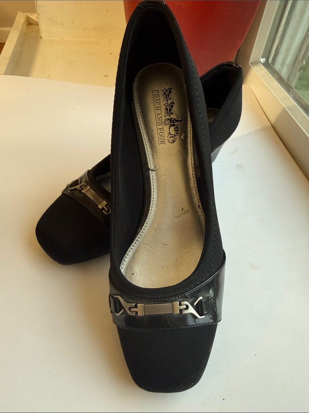 Coach and Four Black Square-Toe Loafers with Metal Bit Detail size 7